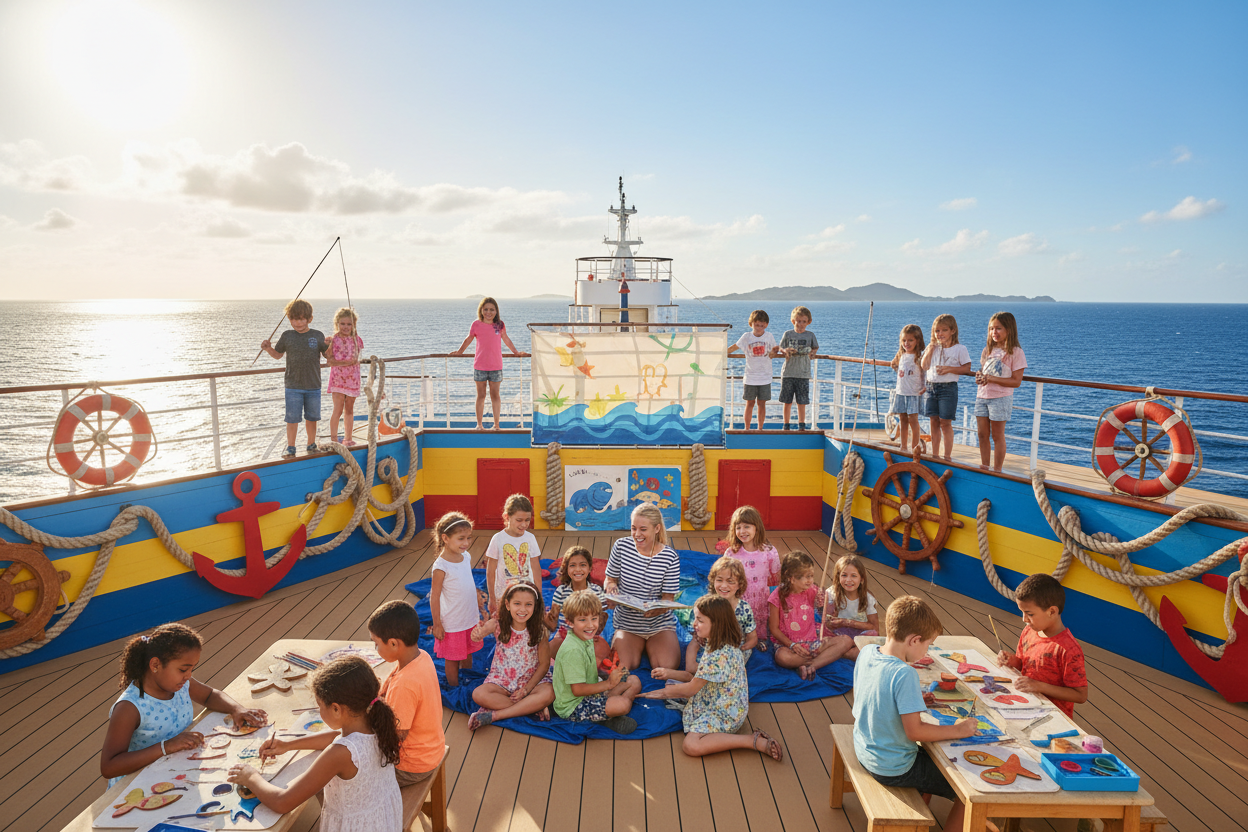 Children on a cruise ship deck engaged in nautical VBS activities