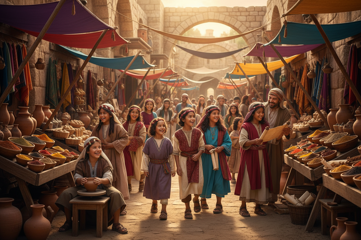 Children in Bible-times costumes exploring an ancient Jerusalem marketplace